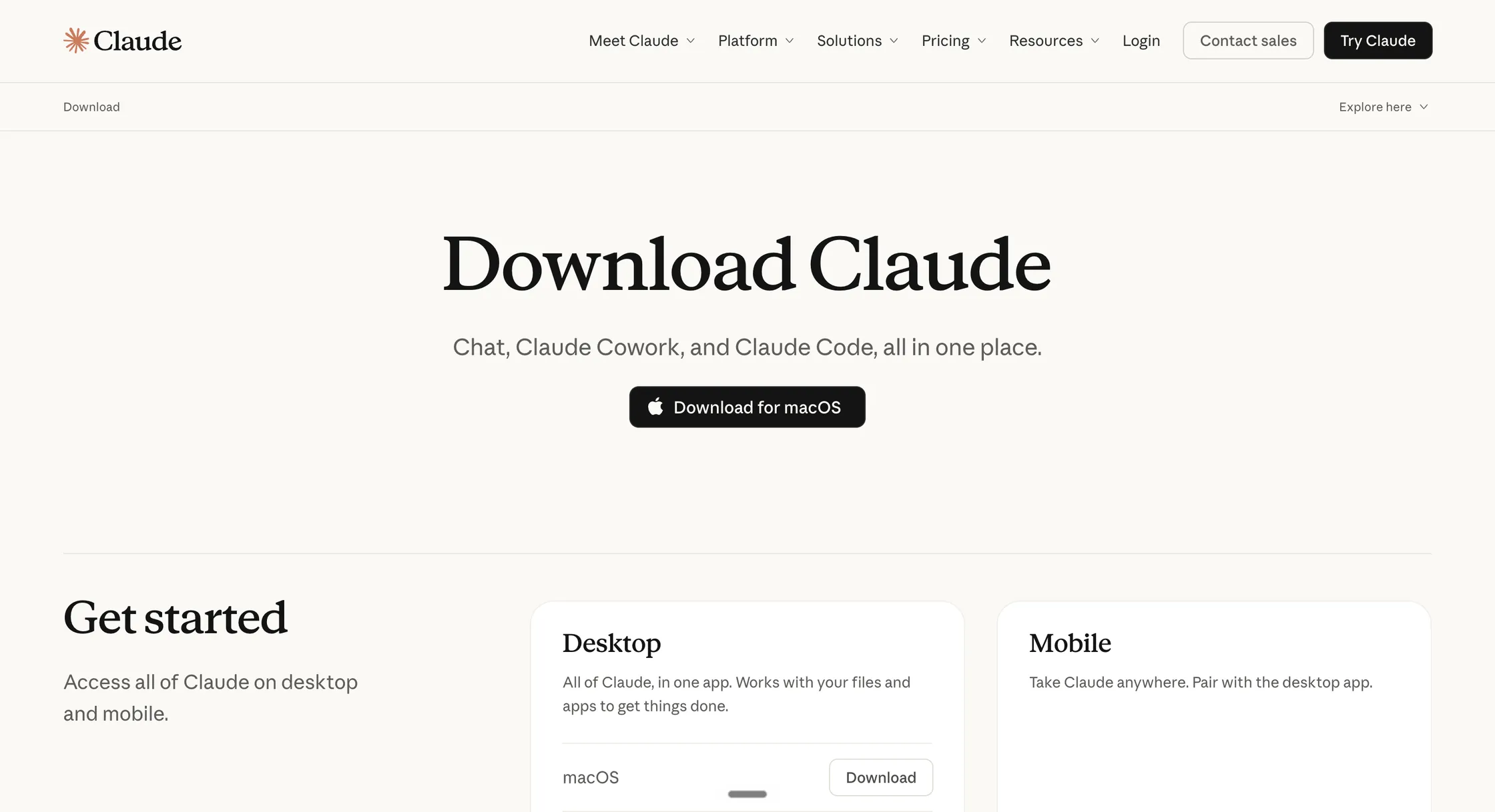 Download-Seite der Claude Desktop-App für Mac und Windows.