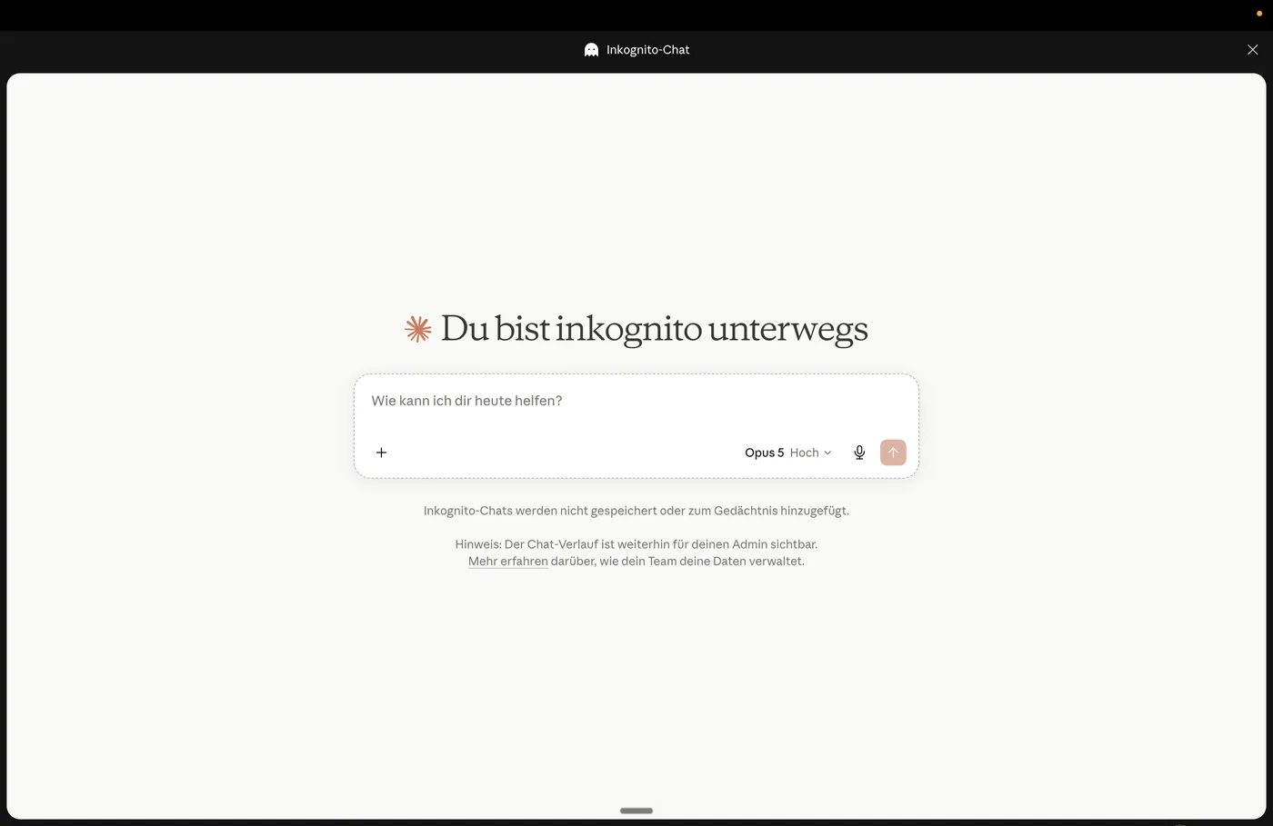 Ein geöffneter Inkognito-Chat in Claude mit dem Hinweis, dass Inkognito-Chats nicht gespeichert werden.