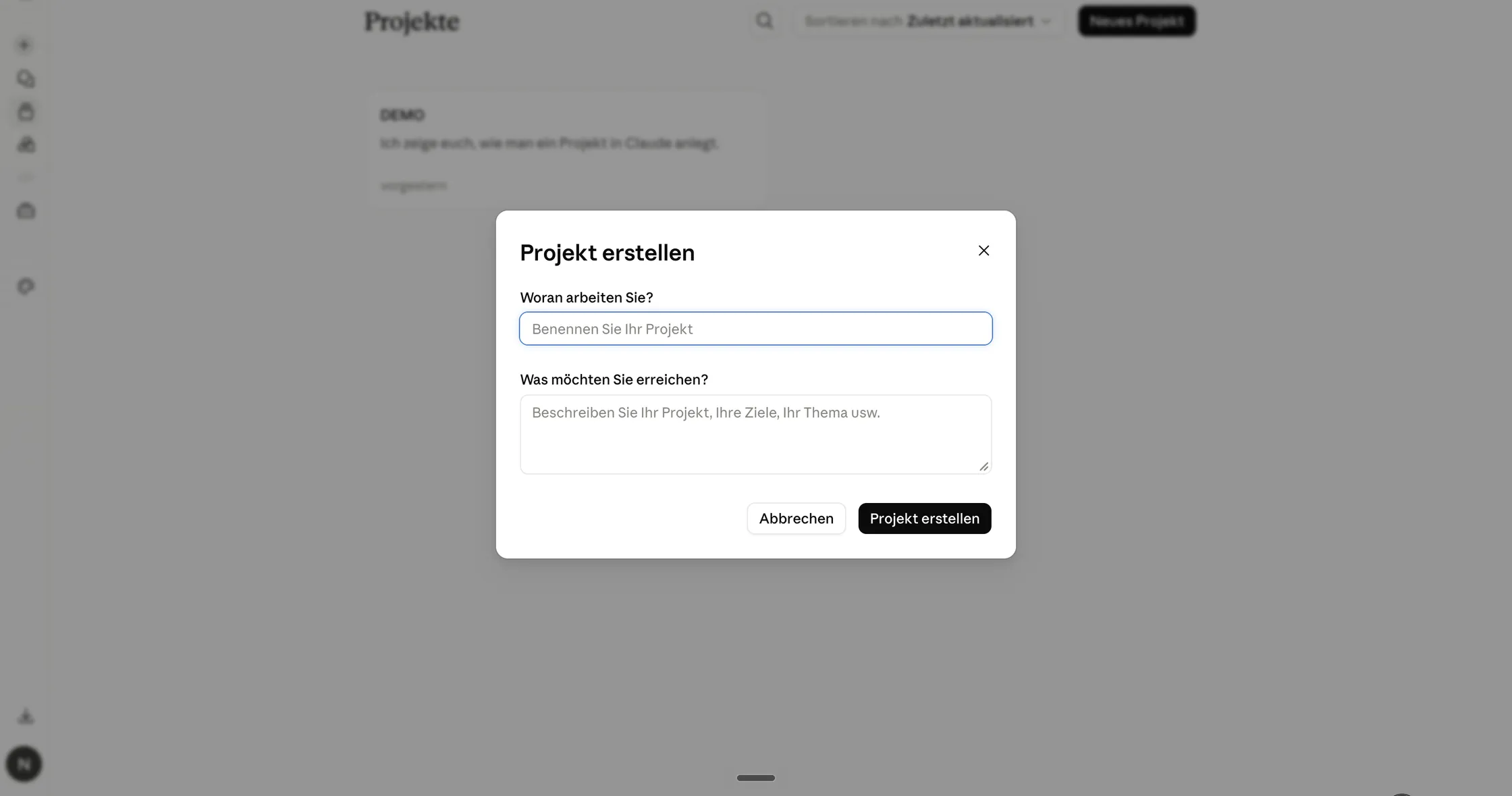 Dialog in Claude zum Anlegen eines neuen Projekts.