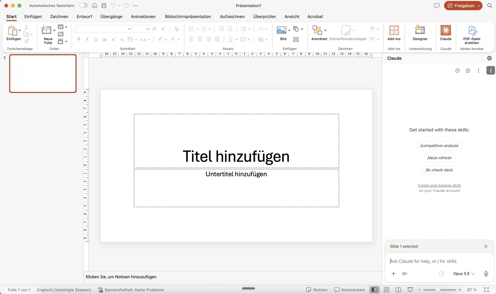 Claude-Seitenleiste in PowerPoint nach dem Login